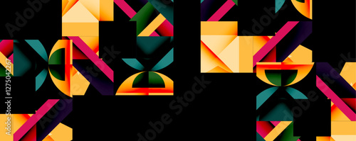 Abstract geometric artwork with interwoven angular and curved shapes, dynamic composition with smooth gradients and bold contrasts