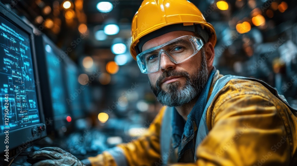 Industrial Worker Monitoring Systems, A Focused Portrait of a Man in a Factory Setting. Industrial Worker Monitoring Systems, A Focused Portrait of a Man in a Factory Setting.