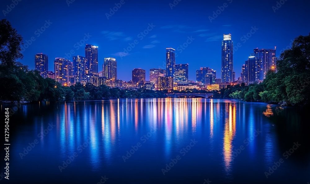 Fototapeta premium Dynamic Urban Skyline at Night, Generative AI