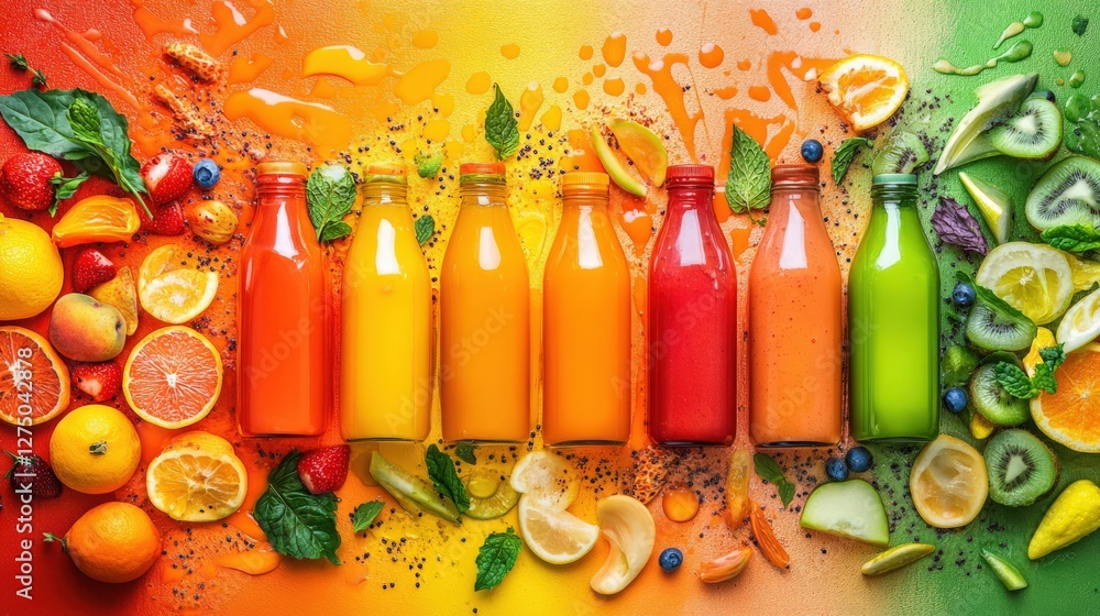Fototapeta premium Colorful arrangement of fruit juices in bottles with fresh fruits and splashes on a vibrant background