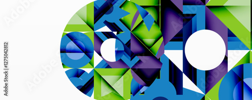 Abstract geometric artwork with interwoven angular and curved shapes, dynamic composition with smooth gradients and bold contrasts