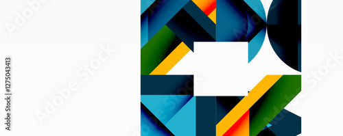 Abstract geometric artwork with interwoven angular and curved shapes, dynamic composition with smooth gradients and bold contrasts