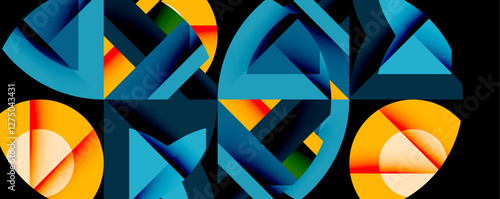 Abstract geometric artwork with interwoven angular and curved shapes, dynamic composition with smooth gradients and bold contrasts
