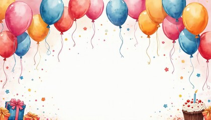Charming watercolor birthday border with balloons, presents, confetti and cupcake with candle. Artistic colorful design for festive joyful celebration, happy event, cheerful party invitation.