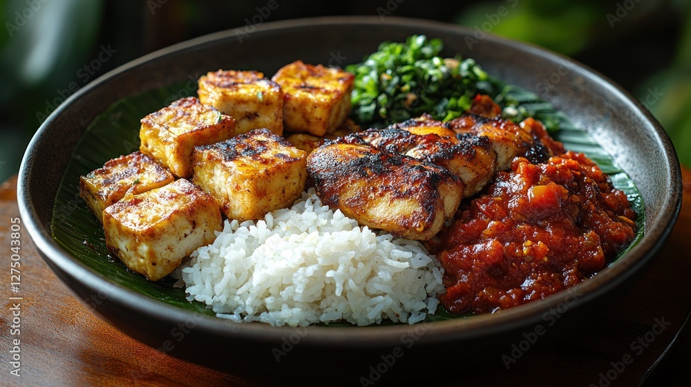 Delicious Asian Cuisine: Grilled Tofu, Fish, Rice, and Spicy Sauce Delicious Asian Cuisine: Grilled Tofu, Fish, Rice, and Spicy Sauce