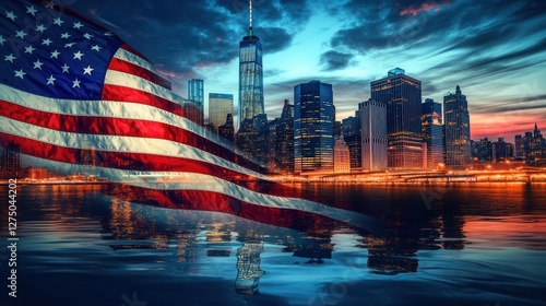 American Flag and New York City Skyline at Sunset