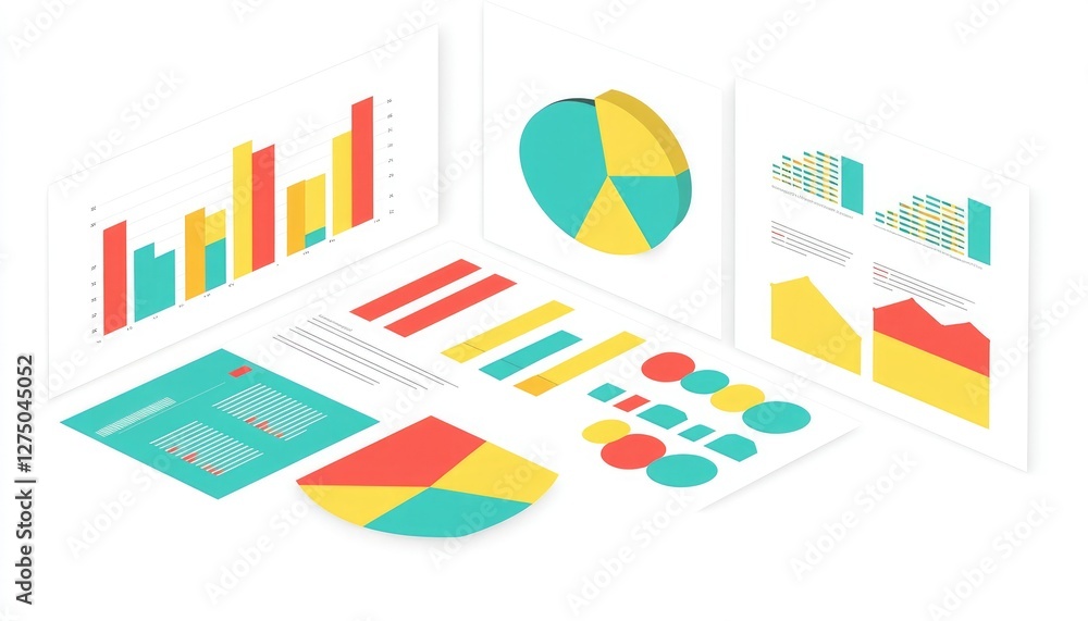 Obraz premium The image features colorful charts and graphs illustrating data analysis, showcasing various visual representations like bars, pies, and lines.