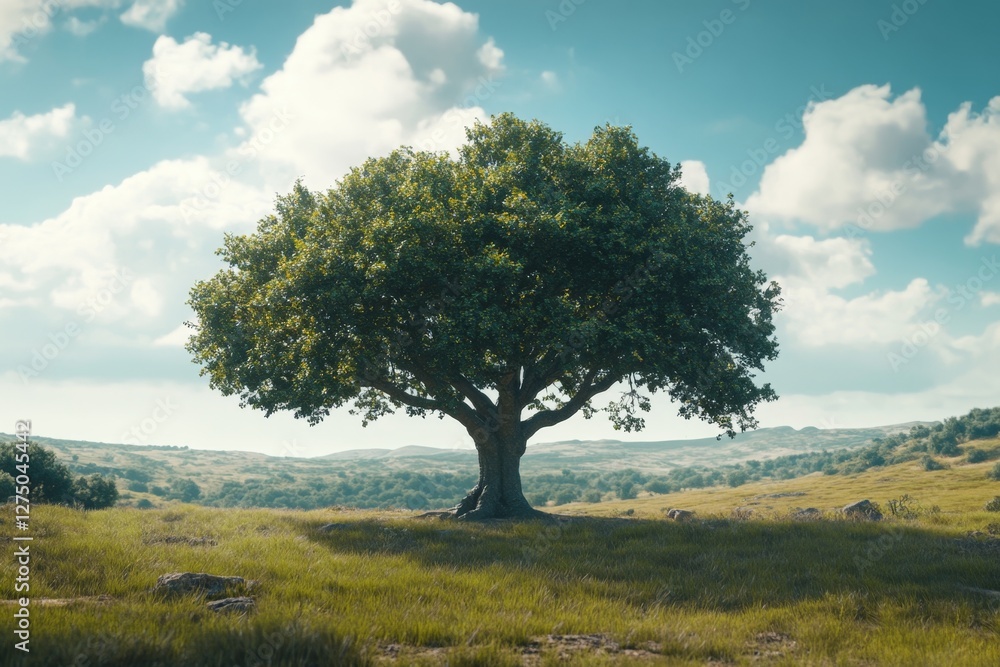 Lone tree, sunny field, rolling hills, peaceful sky, nature Lone tree, sunny field, rolling hills, peaceful sky, nature