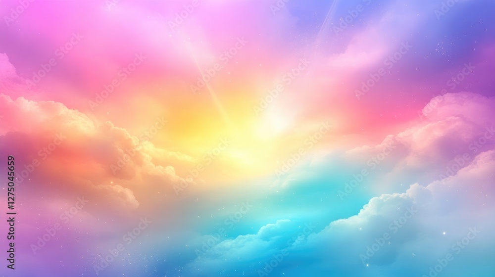 Obraz premium Vibrant Gradient Sky with Multicolored Clouds and Sunlight Rays at Dawn