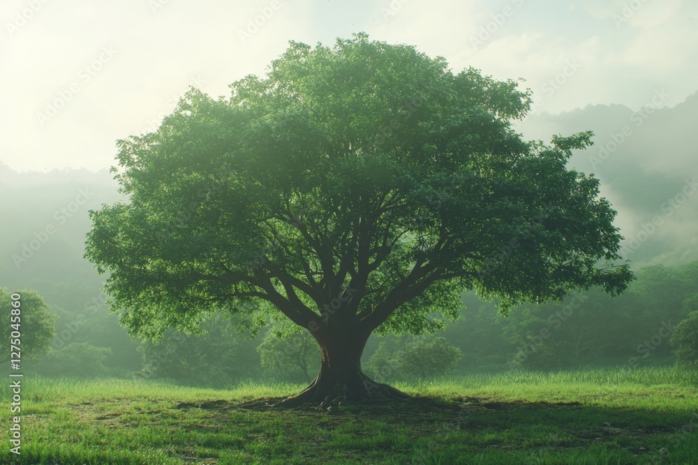Obraz premium Majestic tree sunrise meadow misty mountains nature serenity