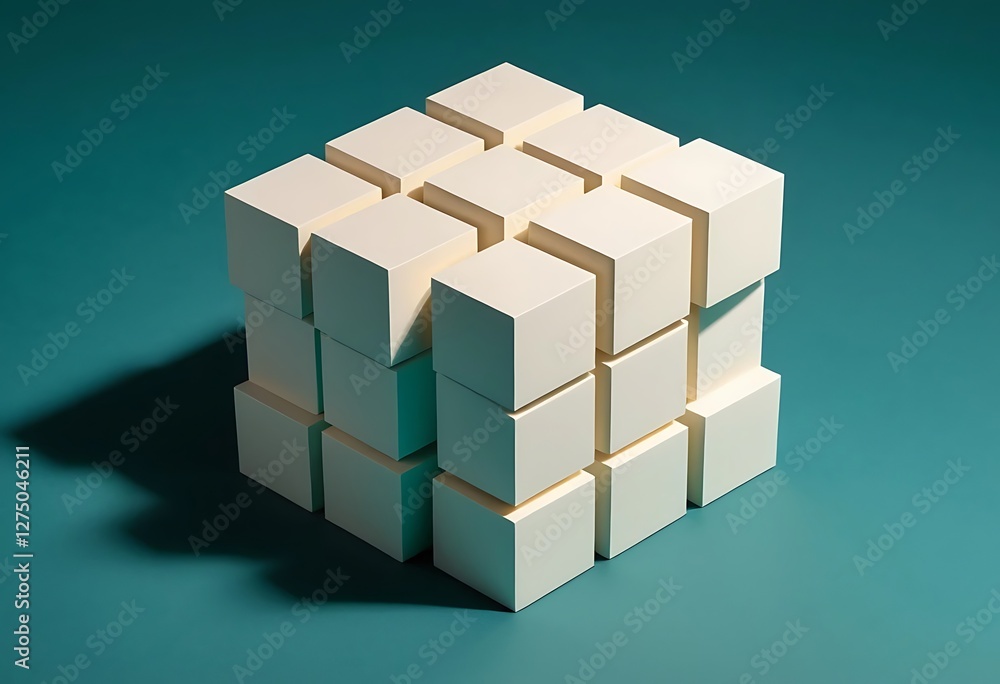 Fototapeta premium Geometric arrangement of white cubes on a teal background creating a cube