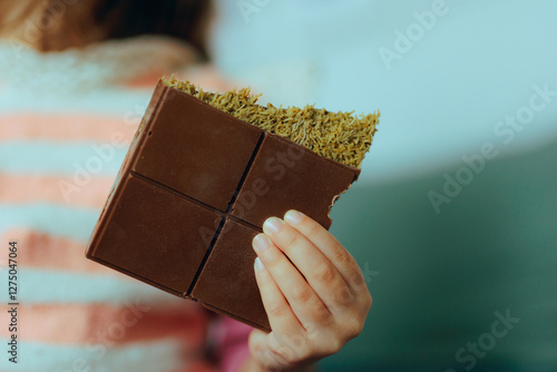 Little Girl Holding a Piece of Chocolate in her Hand. Child grasping a chocolate with generous pistachio filling 
