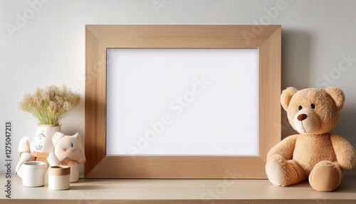 Neutral Nursery Wooden Frame Mockup Displaying Empty Canvas, Perfect for Showcasing Artwork or Photos, Boasting a Warm and Cozy Atmosphere for the Modern Family Home