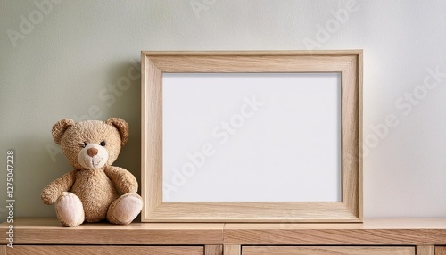 Neutral Nursery Horizontal Wooden Frame Mockup Empty Canvas for Artwork or Photos in a Cozy and Minimalist Setting, Perfect for Modern Decor