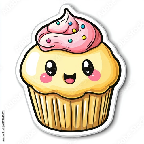 Cute cartoon cupcake with cheerful expression and colorful frosting