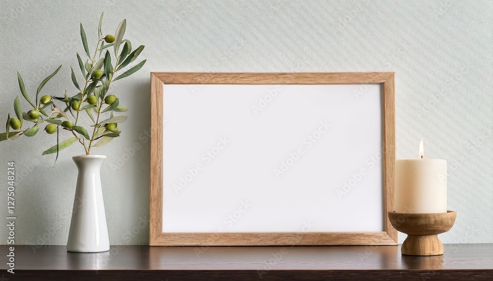 Elegant Wooden Frame Displaying a Quaint Scene of Green Olive Twigs and a Burning Candle in Rustic Vase, Set Against a Crisp White Wall Background Timeless and Tranquil Interior Design Elegant Wooden Frame Displaying a Quaint Scene of Green Olive Twigs and a Burning Candle in Rustic Vase, Set Against a Crisp White Wall Background Timeless and Tranquil Interior Design