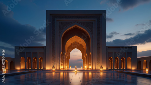 Majestic Islamic Archway with Golden Lanterns Glowing Against a Twilight Sky - Ramadan Kareem