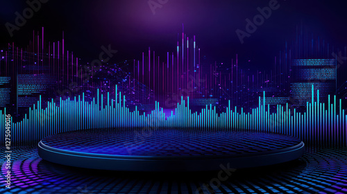 A vibrant, futuristic backdrop showcasing sound waves and a circular platform, perfect for music performances or presentations.