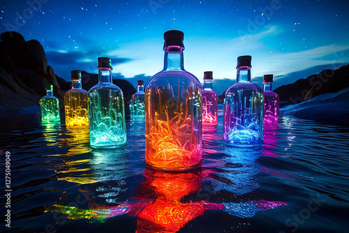 Rainbow-colored bottles at the end of the sea