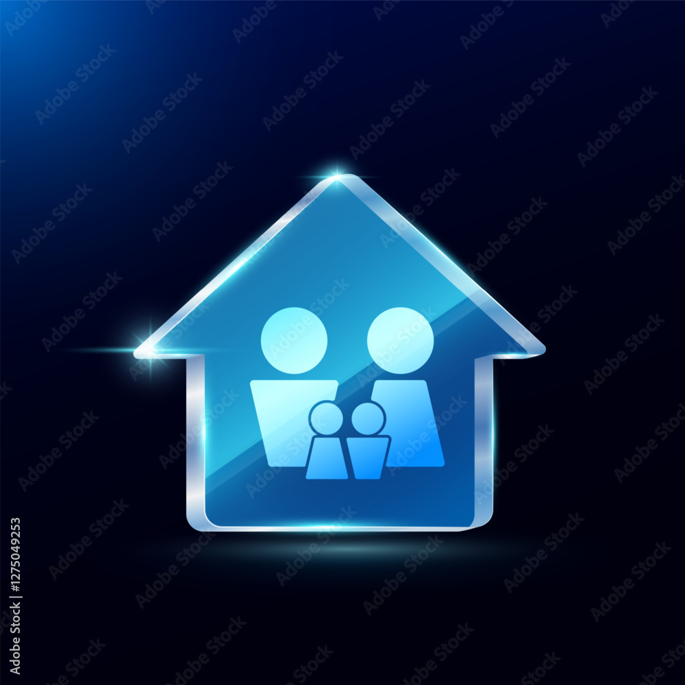Family icon logo 3d. Father mother son and daughter in house translucent glass modern on blue background. Relationship happiness concept. Vector EPS10. Family icon logo 3d. Father mother son and daughter in house translucent glass modern on blue background. Relationship happiness concept. Vector EPS10.