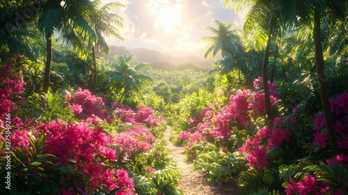Lush Tropical Jungle Path  Sunlit Flowers  Palm Trees  Paradise