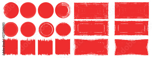 Rectangle and circle red ink vector line pack. Bloody colored long and round hand drawn brush strokes text highlight, frame, circle scribble. Vector illustration.	
