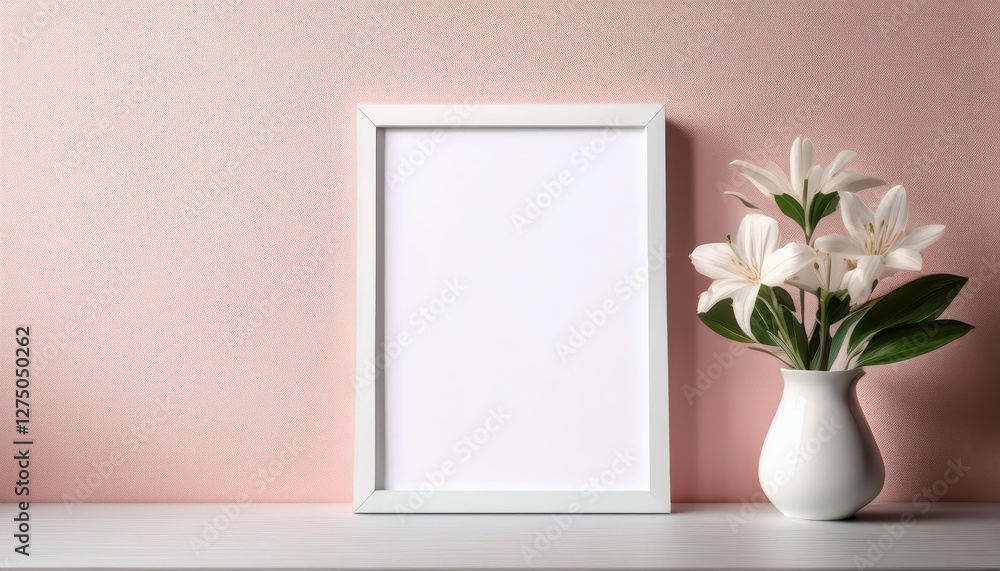 Elegant Vertical White Frame Showcased against a Delicate Light Pink Wall Backdrop, Enhancing Minimalist Interior Design with Clean Lines and Vibrant Colors Elegant Vertical White Frame Showcased against a Delicate Light Pink Wall Backdrop, Enhancing Minimalist Interior Design with Clean Lines and Vibrant Colors