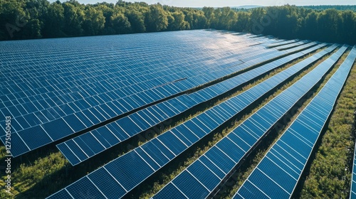 Aerial view of solar panels in a field.  Possible use Stock photo for renewable energy, sustainability, environmental protection photo