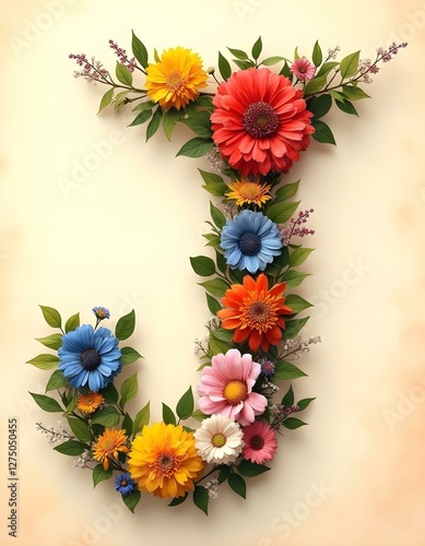 letter, J, floral, flowers, vibrant, colorful, artistic, elegant, design, organic, natural, red, yellow, pink, blue, white, blooms, green, leaves, accents, beige, background, soft, texture, warm, 