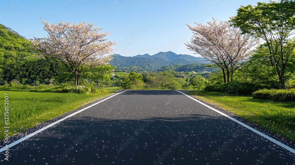 Fototapeta premium Paved asphalt road stretching through a green landscape under a clear blue sky