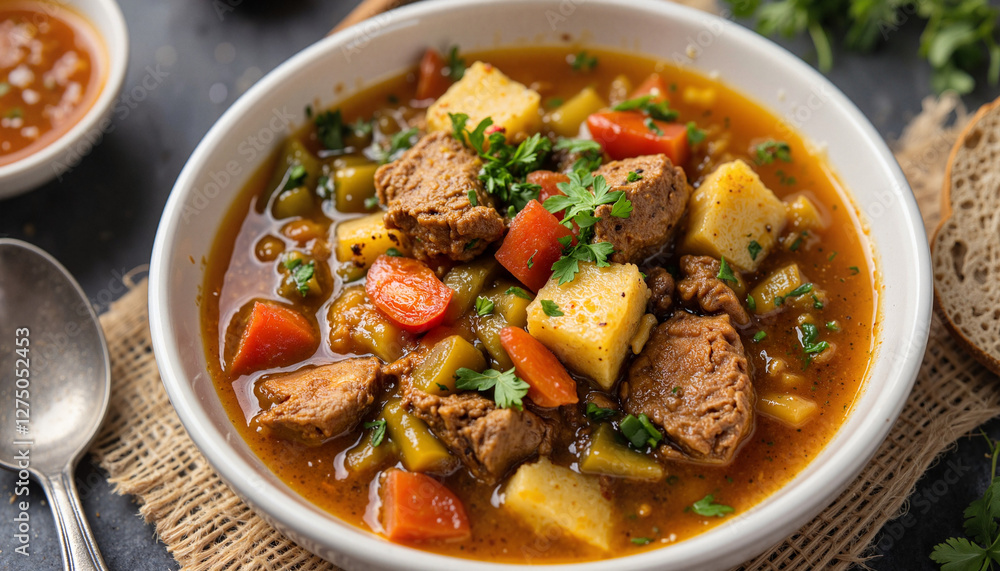 Hearty beef stew with vegetables in a white bowl Hearty beef stew with vegetables in a white bowl