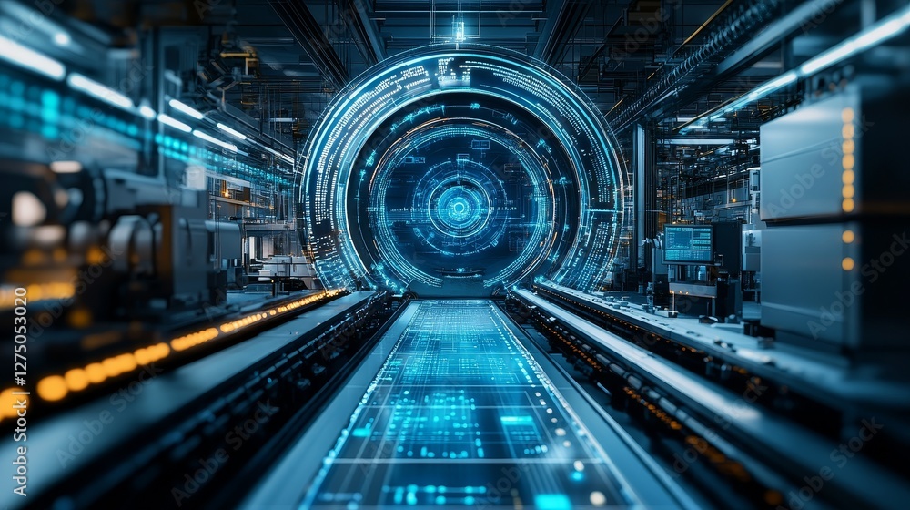 Front view of a smart tech screen with white feed machinery, electronic chips, speed of light effects, and blue charts, representing digital transformation and advanced technology. Front view of a smart tech screen with white feed machinery, electronic chips, speed of light effects, and blue charts, representing digital transformation and advanced technology.