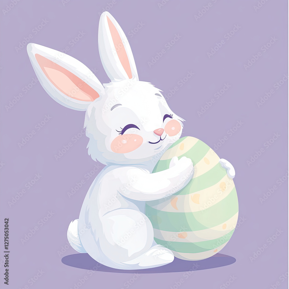 Obraz premium Adorable Easter Bunny Holding a Pastel-Colored Egg: A Delightful Cartoon Illustration for Springtime