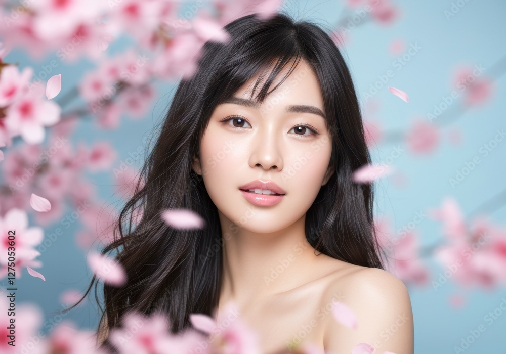 満開の桜に囲まれ微笑む若い日本人女性 満開の桜に囲まれ微笑む若い日本人女性