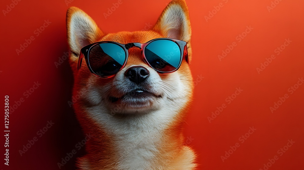 A Shiba Inu Dog Posing with Sunglasses on an Orange Background Studio Shot A Shiba Inu Dog Posing with Sunglasses on an Orange Background Studio Shot