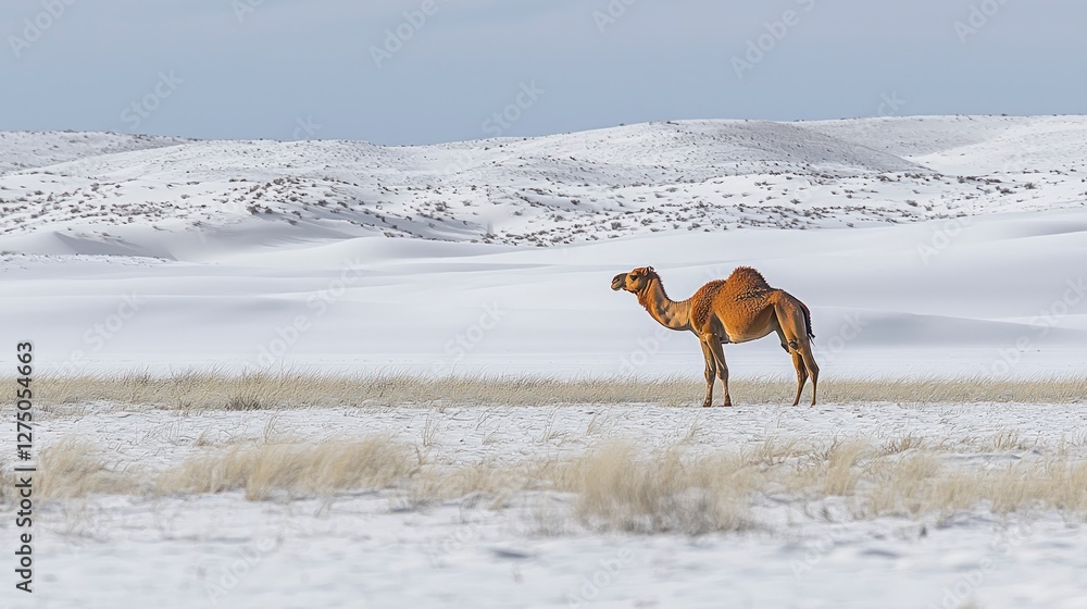 Lone Camel in Snowy Desert Landscape Winter Wildlife Scene Lone Camel in Snowy Desert Landscape Winter Wildlife Scene