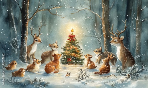 whimsical watercolor of woodland animals gathered around a tiny glowing Christmas tree in a snowy forest clearing, Generative AI