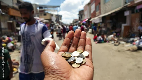 Adult man holding handful of coins in crowded street market