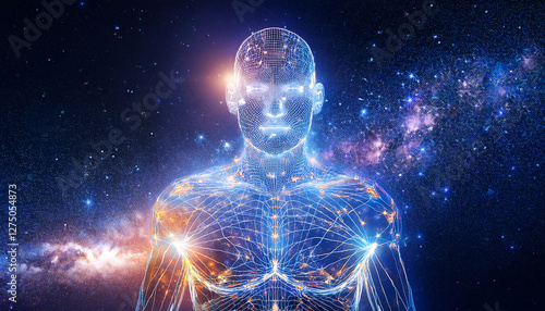 Realistic human being made of light in the cosmos
