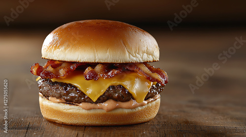Delicious bacon cheeseburger fast food restaurant food photography indoor setting close-up shot culinary delight