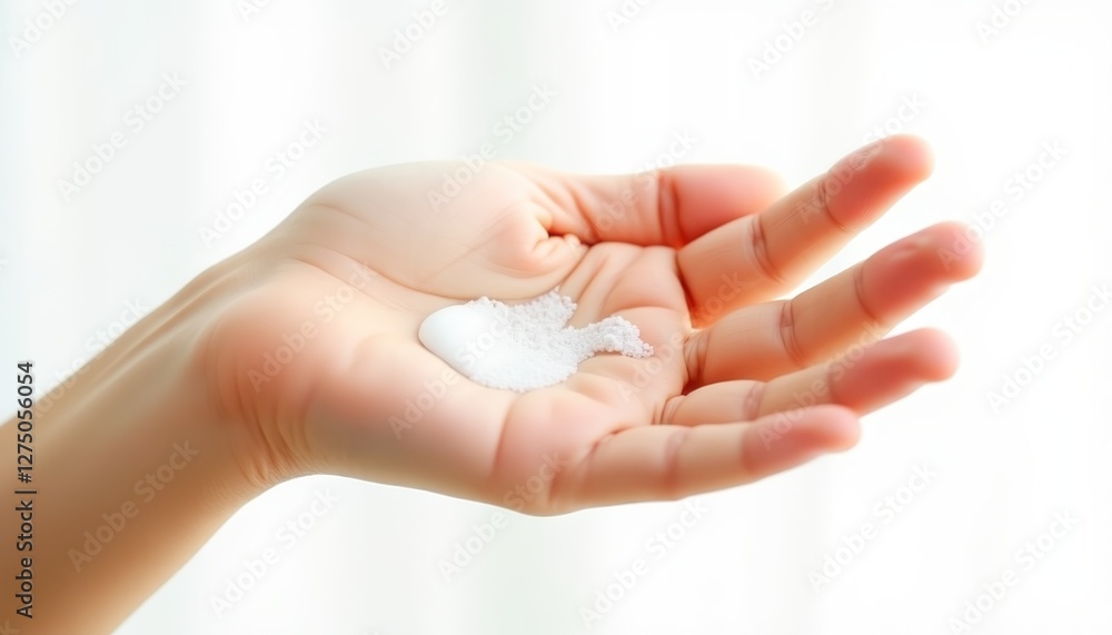 Close-up of a hand applying sunscreen, white background Close-up of a hand applying sunscreen, white background