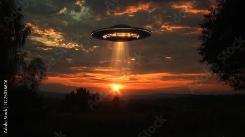 Realistic flying saucer emitting bright beams of light, illuminating a remote countryside scene --ar 16:9 --profile vptycec --v 6.1 Job ID: 92c2b111-4f5a-4c6f-bb66-cb13697ed6a6