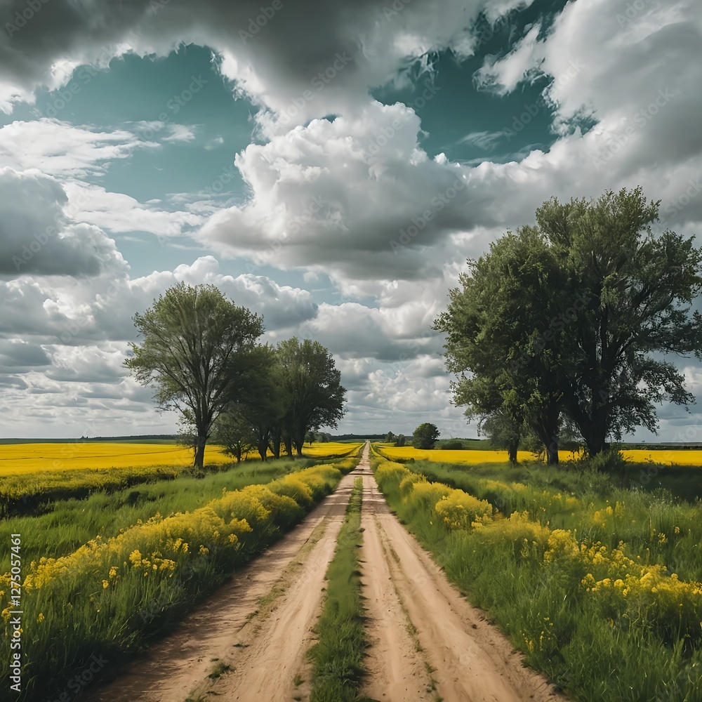 Obraz premium Country Road Through Yellow Rapeseed Field Under Dramatic Sky