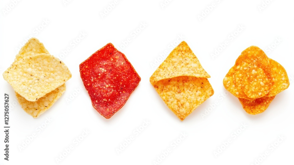 Fototapeta premium Assorted Crispy Snack Chips Displayed on a White Background with No Disturbances