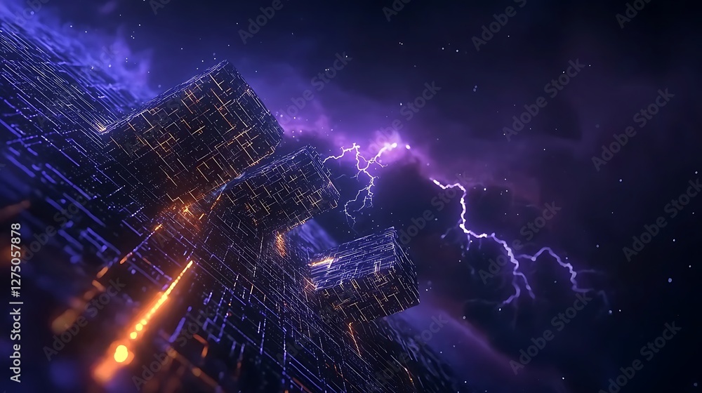 Naklejka premium Abstract futuristic landscape with glowing cubes under a stormy sky and lightning strikes