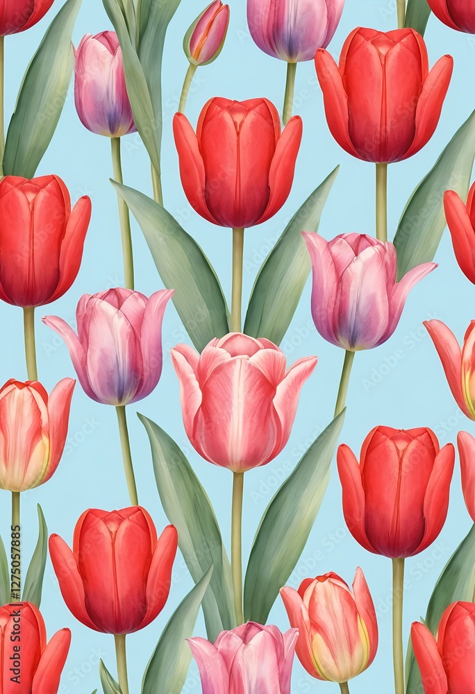 Fototapeta premium Seamless Pattern of Red and Pink Tulips on Light Blue Background