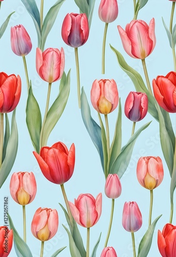 Wallpaper Mural Seamless Pattern of Pink and Red Tulips on Light Blue Background Torontodigital.ca