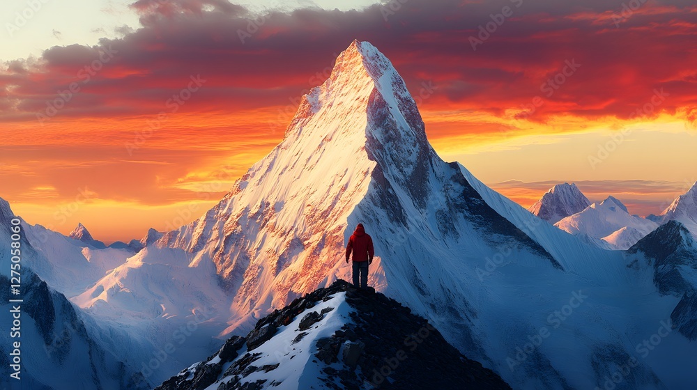 Obraz premium Voxel Style Mountain Peak with Snow and Red Jacket Figure Against Fiery Sky