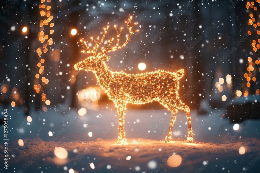 glowing reindeer silhouette formed by string lights, set against a backdrop of softly falling snow, Generative AI glowing reindeer silhouette formed by string lights, set against a backdrop of softly falling snow, Generative AI