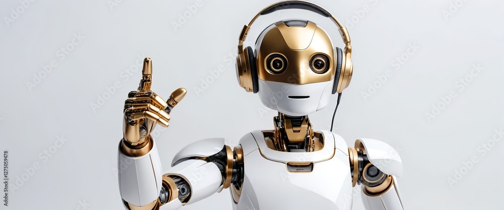 Naklejka premium Friendly Robot with Headphones Gesturing